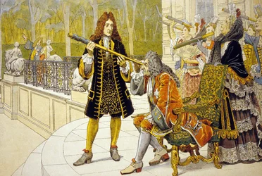 Ludvig XIV och Jacques Cassini färglitografi